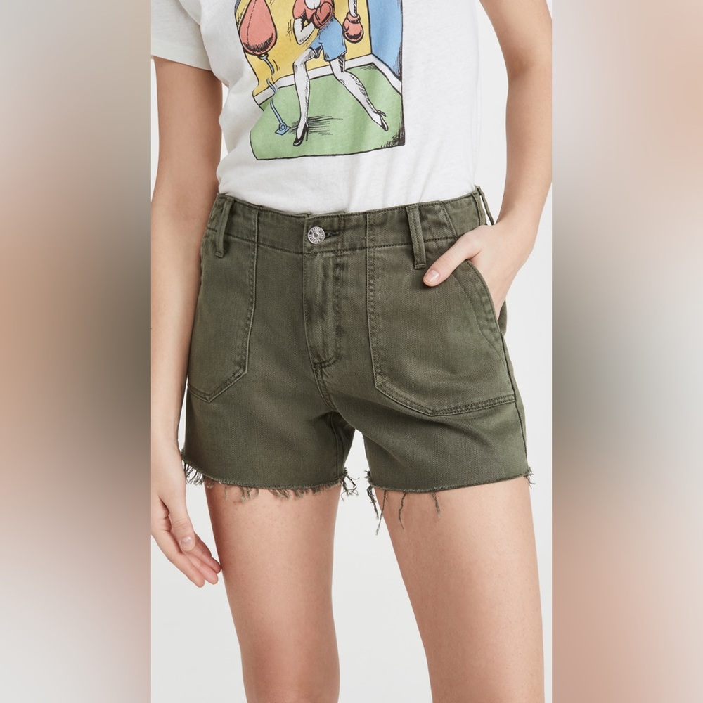 PAIGE Mayslie Utility Shorts - Vintage Ivy Green - Mid Rise Cutoff Style - 27